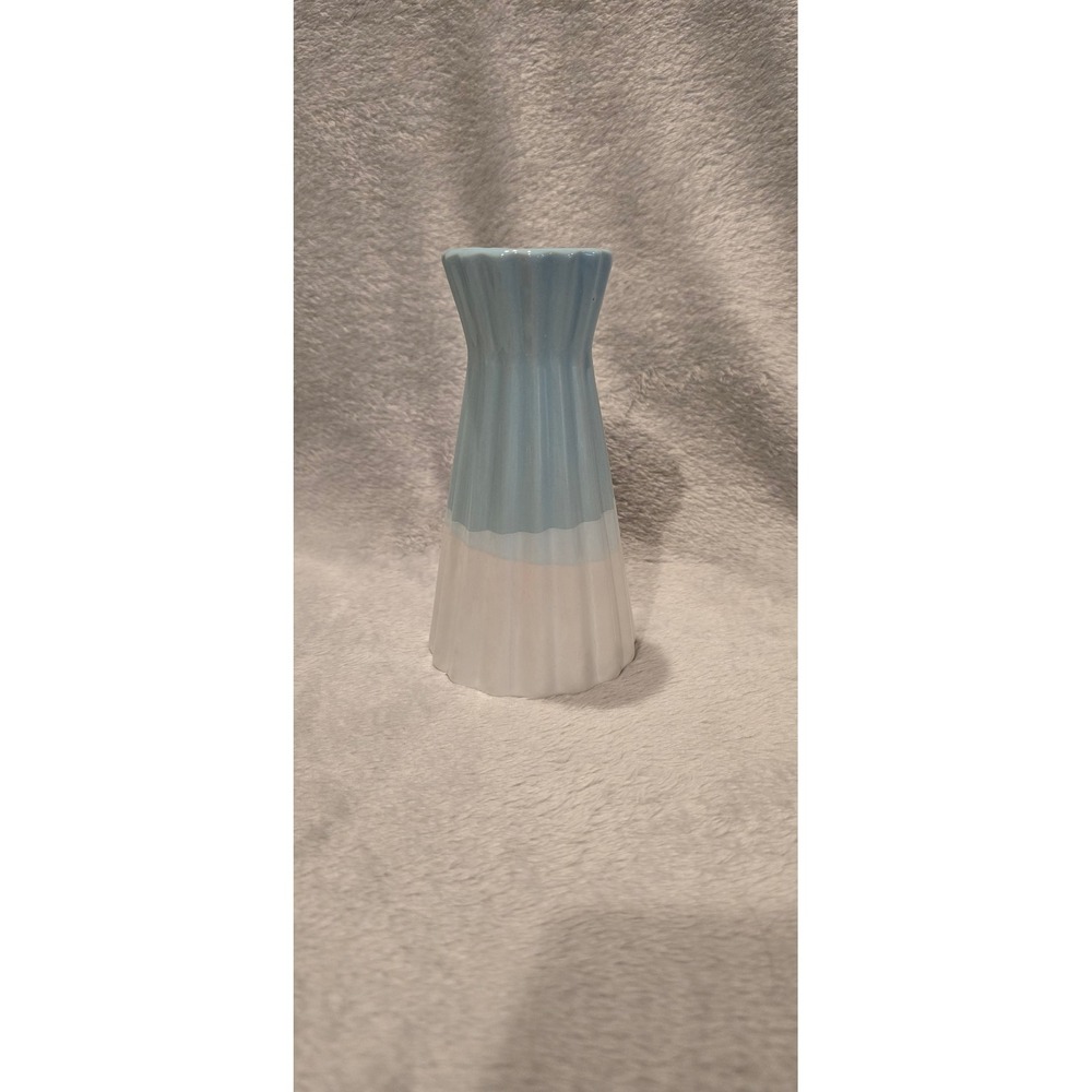 Modern Blue and White Three Tone Fluted Ceramic Bud Vase Ribbed Accent 5.5"